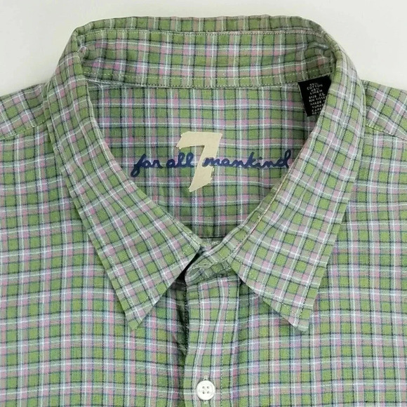 7 For All Mankind XL Men's Logo Tag Green Pink White Trim Check 2 Pockets Shirt - Picture 8 of 8